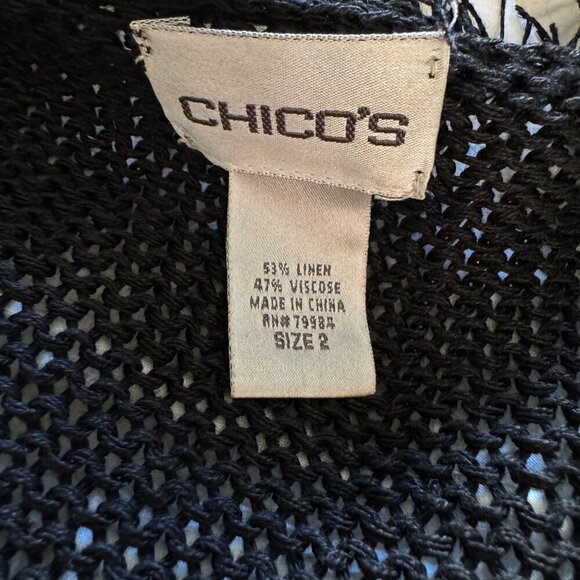 Chico's Size 2/ US L Womens Cardigan Open Weave One Button Fringe Bohemian Linen - Picture 11 of 11